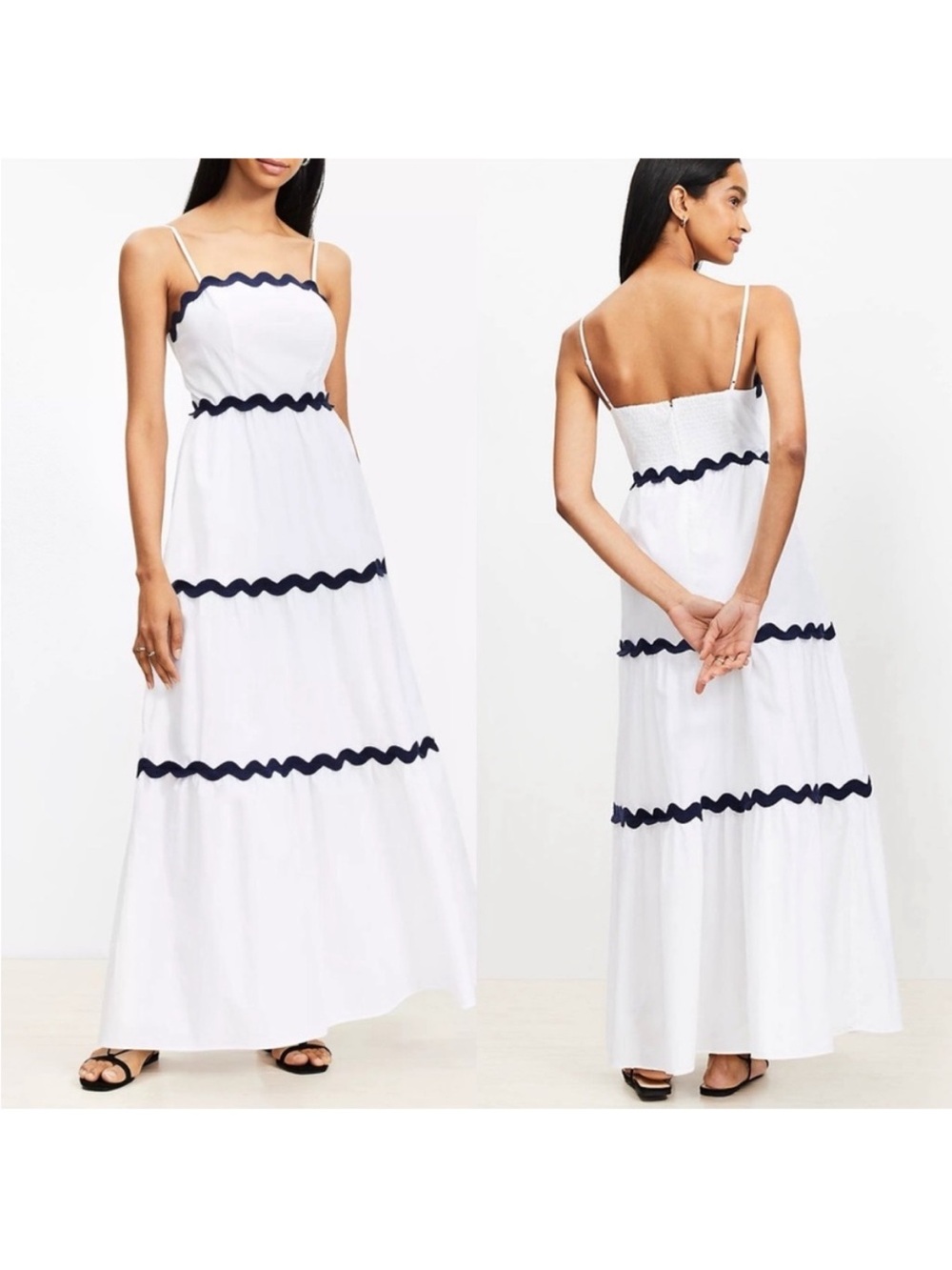 LOFT Beach Ric Rac White with Navy Scalloped Trim Poplin Maxi Dress